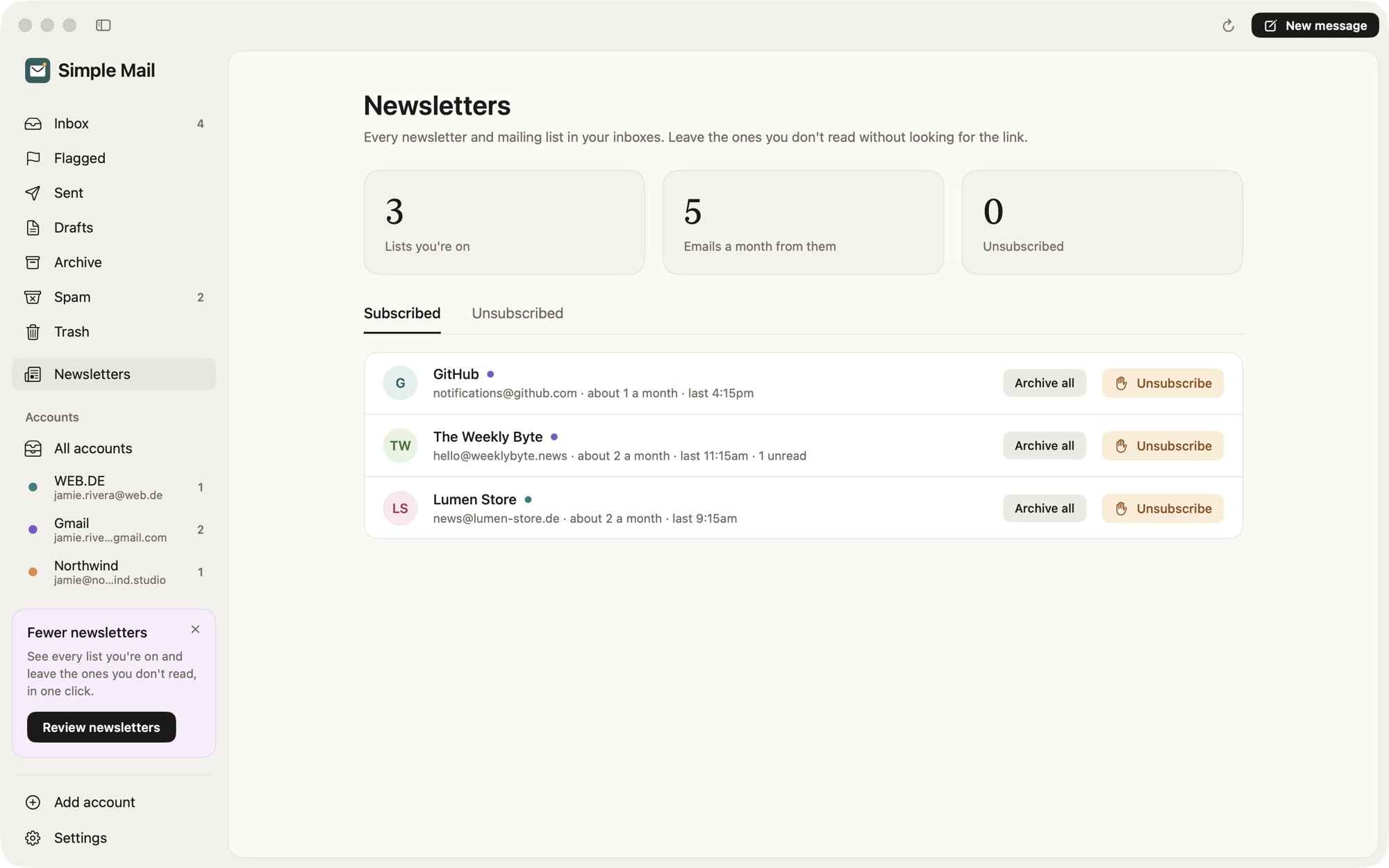 The Newsletters screen with three mailing lists and Unsubscribe buttons