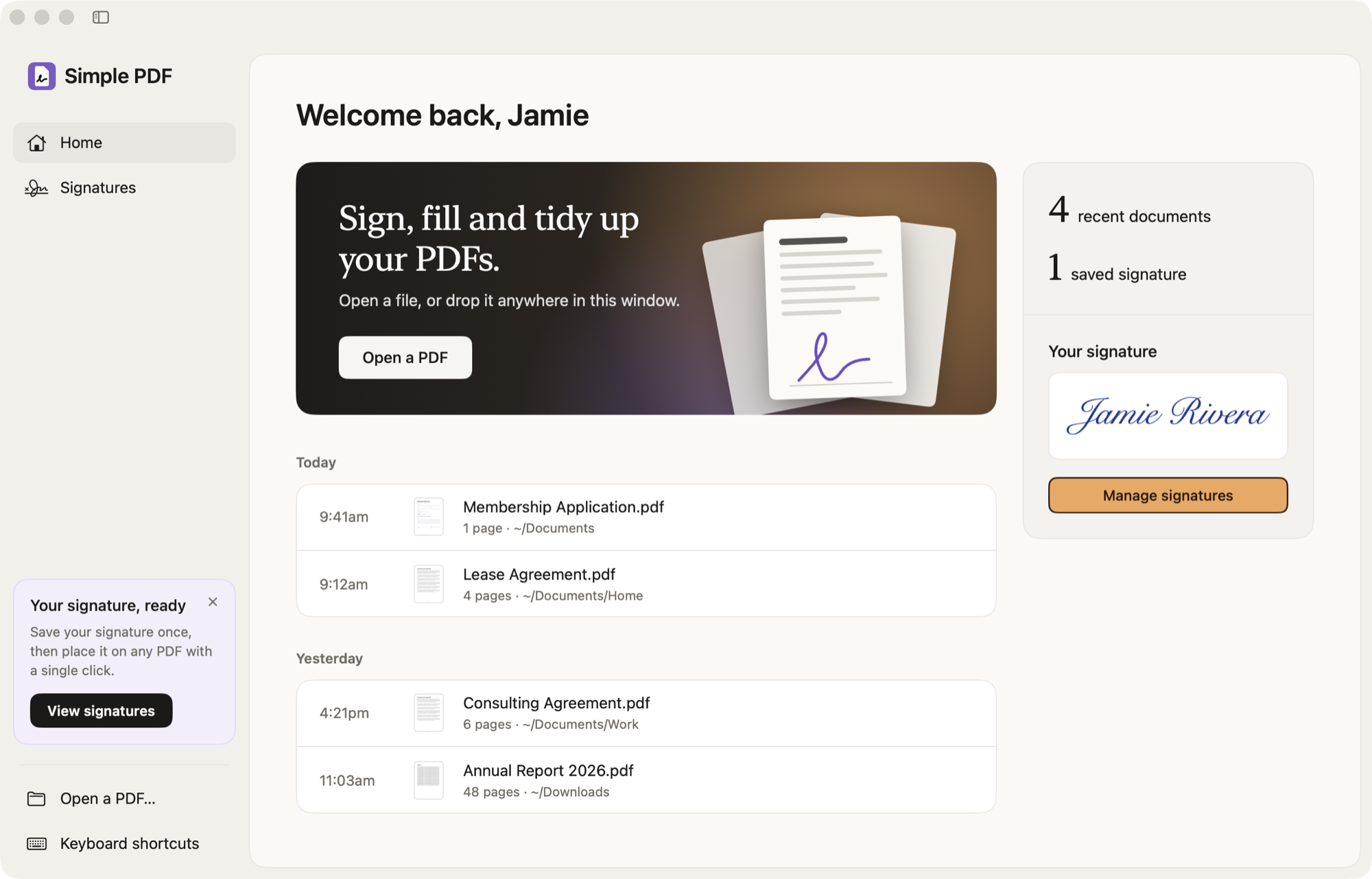 The Home screen with recent documents and a saved signature