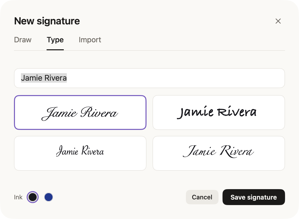 Creating a typed signature in four handwriting styles